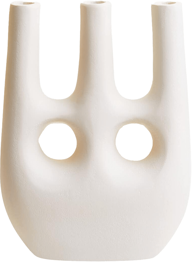 White ceramic vase with a unique, abstract design on a white background