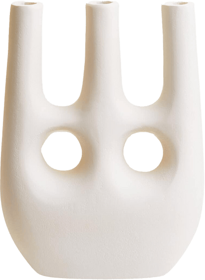 White ceramic vase with a unique, abstract design on a white background