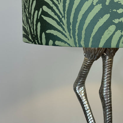 Flamingo Leg Antique Silver Table Lamp with Emerald Palm Lampshade