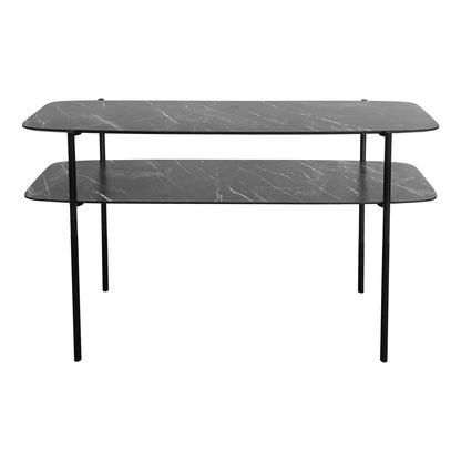 Two-tiered black marble table on a white background