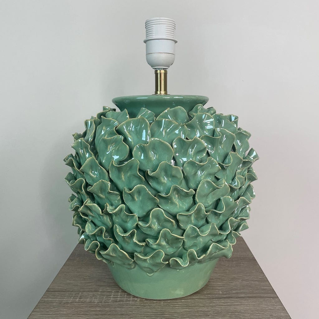 Ailsa Green Ceramic Table Lamp with Izara Ocean Blue Ikat Gathered Lampshade