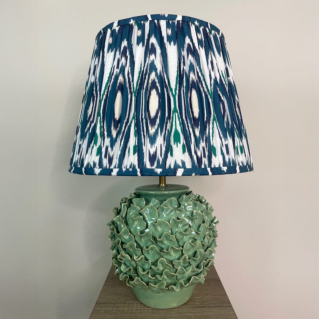 Ailsa Green Ceramic Table Lamp with Izara Ocean Blue Ikat Gathered Lampshade