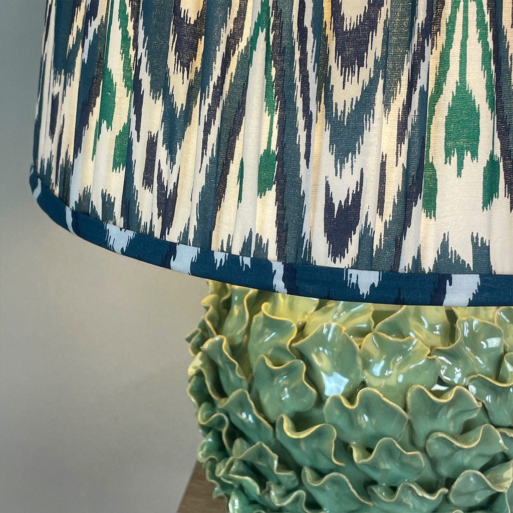 Ailsa Green Ceramic Table Lamp with Izara Ocean Blue Ikat Gathered Lampshade