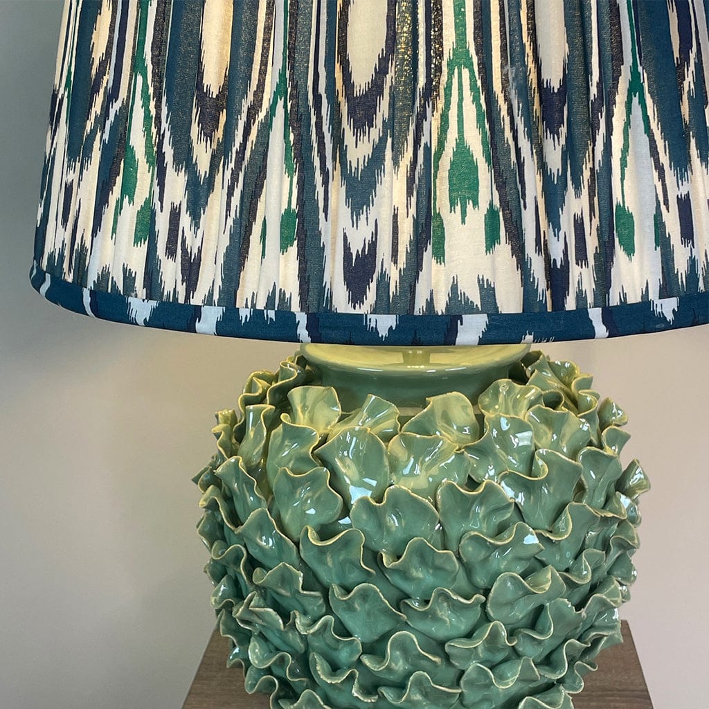 Ailsa Green Ceramic Table Lamp with Izara Ocean Blue Ikat Gathered Lampshade