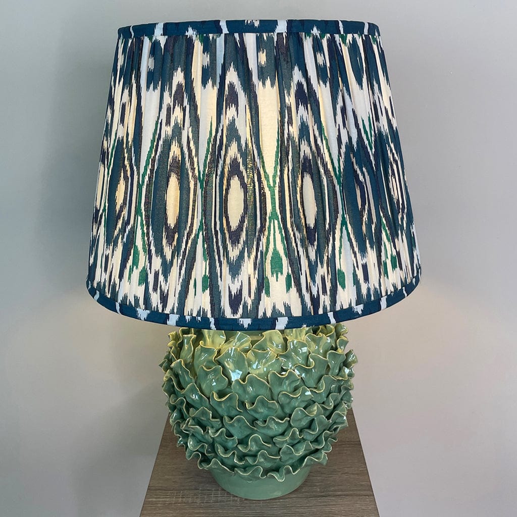 Ailsa Green Ceramic Table Lamp with Izara Ocean Blue Ikat Gathered Lampshade