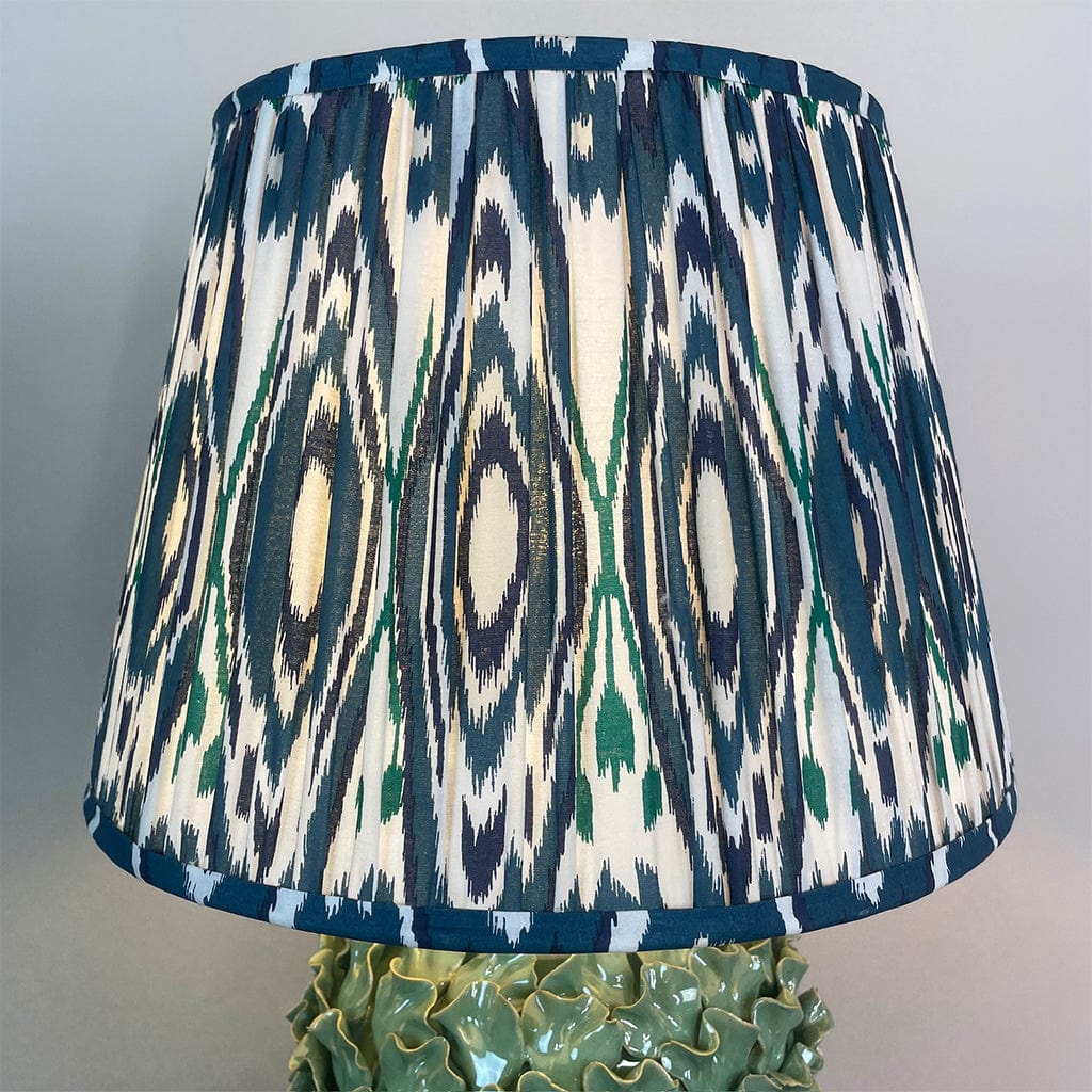 Ailsa Green Ceramic Table Lamp with Izara Ocean Blue Ikat Gathered Lampshade
