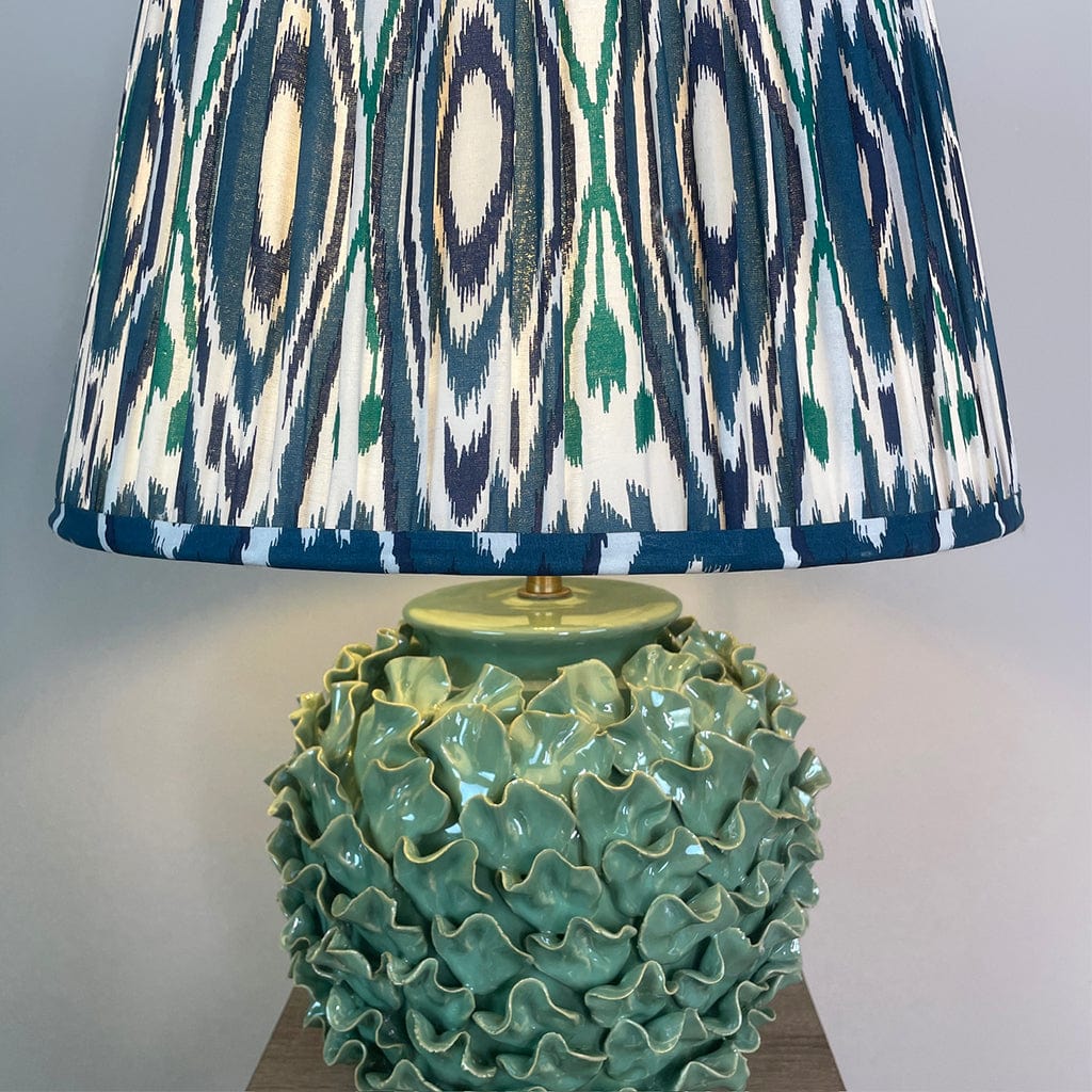 Ailsa Green Ceramic Table Lamp with Izara Ocean Blue Ikat Gathered Lampshade