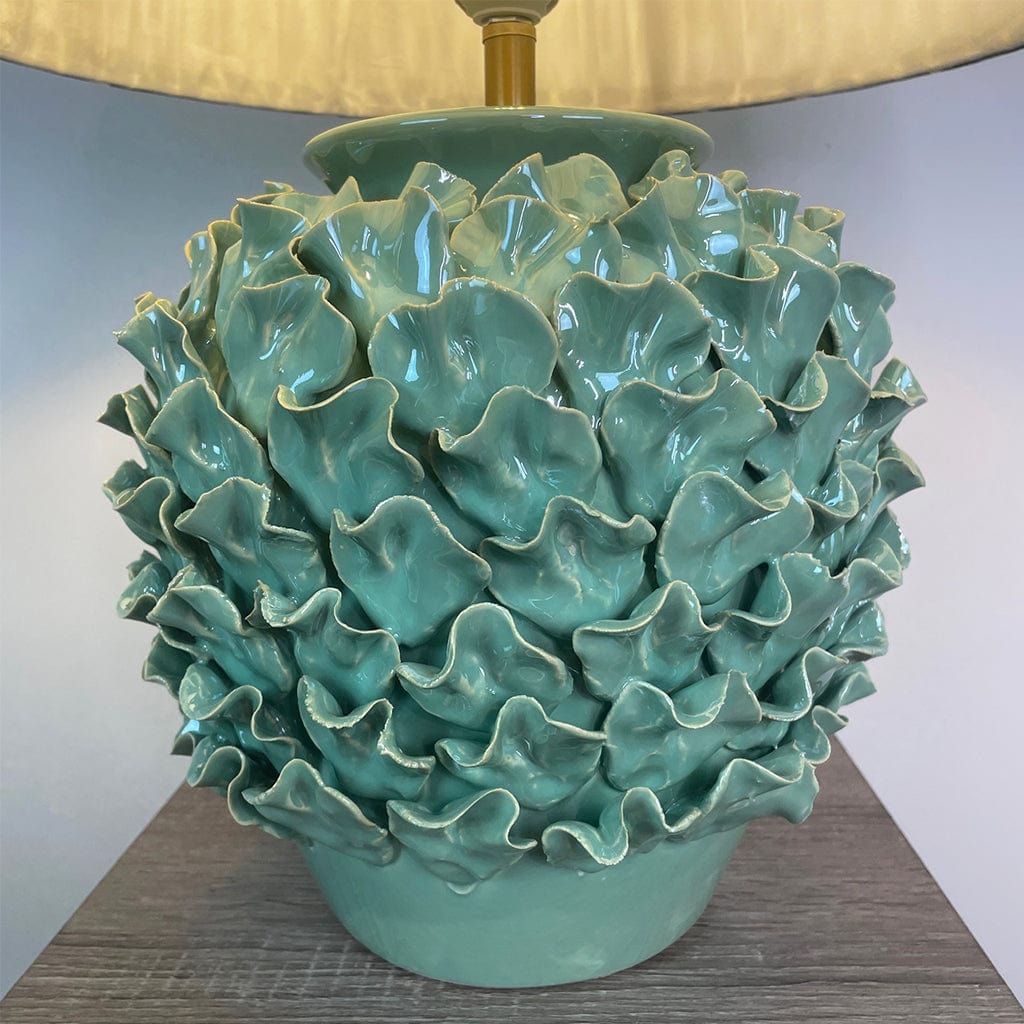 Ailsa Green Ceramic Table Lamp with Izara Ocean Blue Ikat Gathered Lampshade