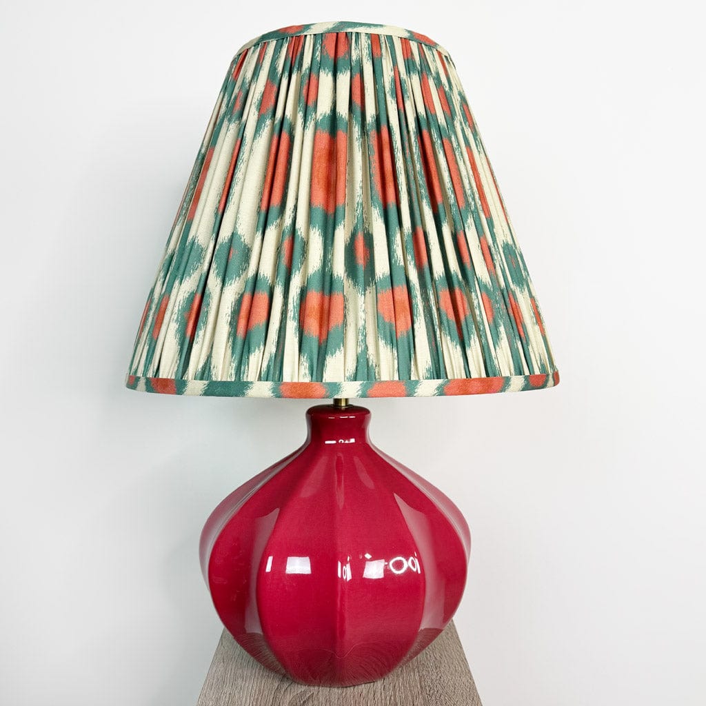 Amrita Red Ceramic & Antique Brass Table Lamp with Ikat Red & Green Tapered Drum Shade