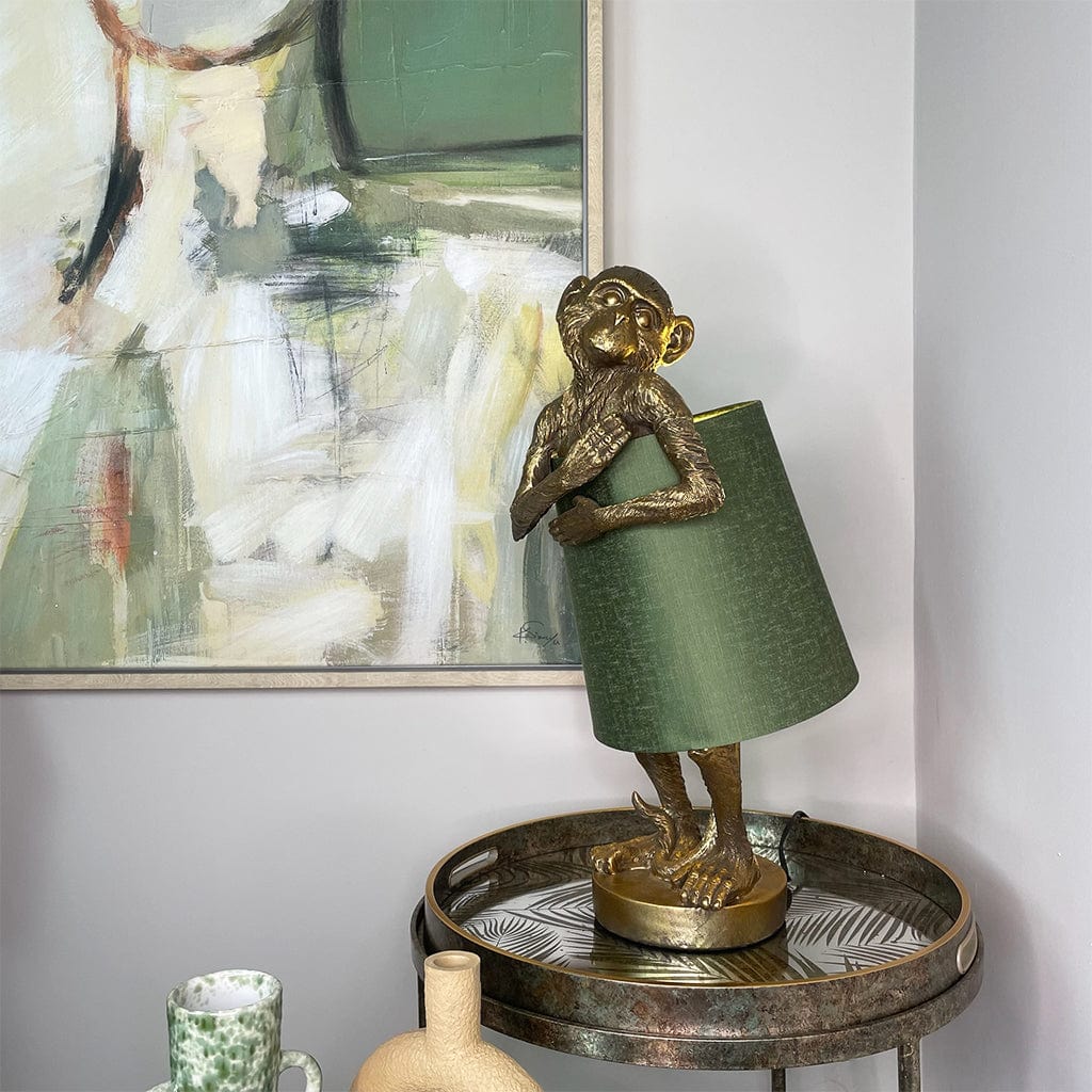 Hugo Monkey Brass Table Lamp & Sage Green Shade