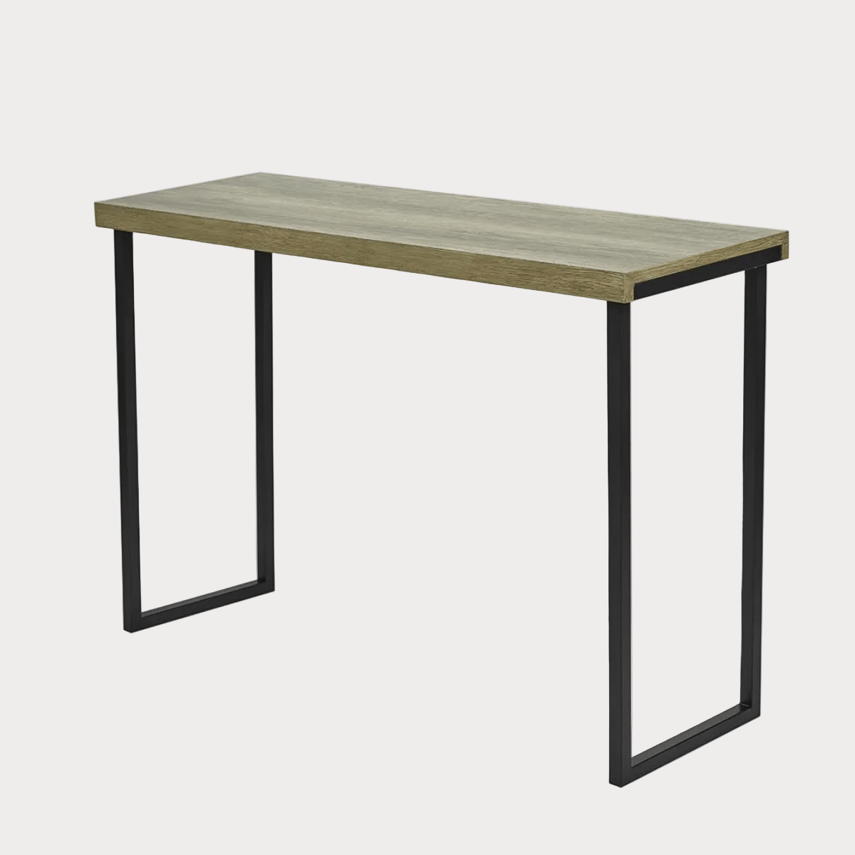 Wooden table with black metal legs on a white background