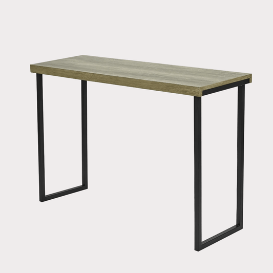 Wooden table with black metal legs on a white background