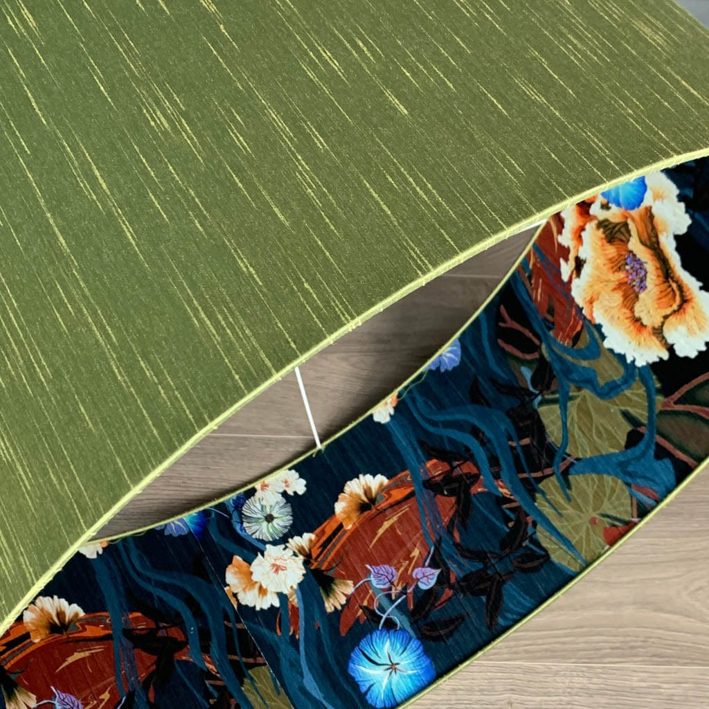 Astor Green Pesto Faux Silk with Arte Koi Wallpaper Lined Shade