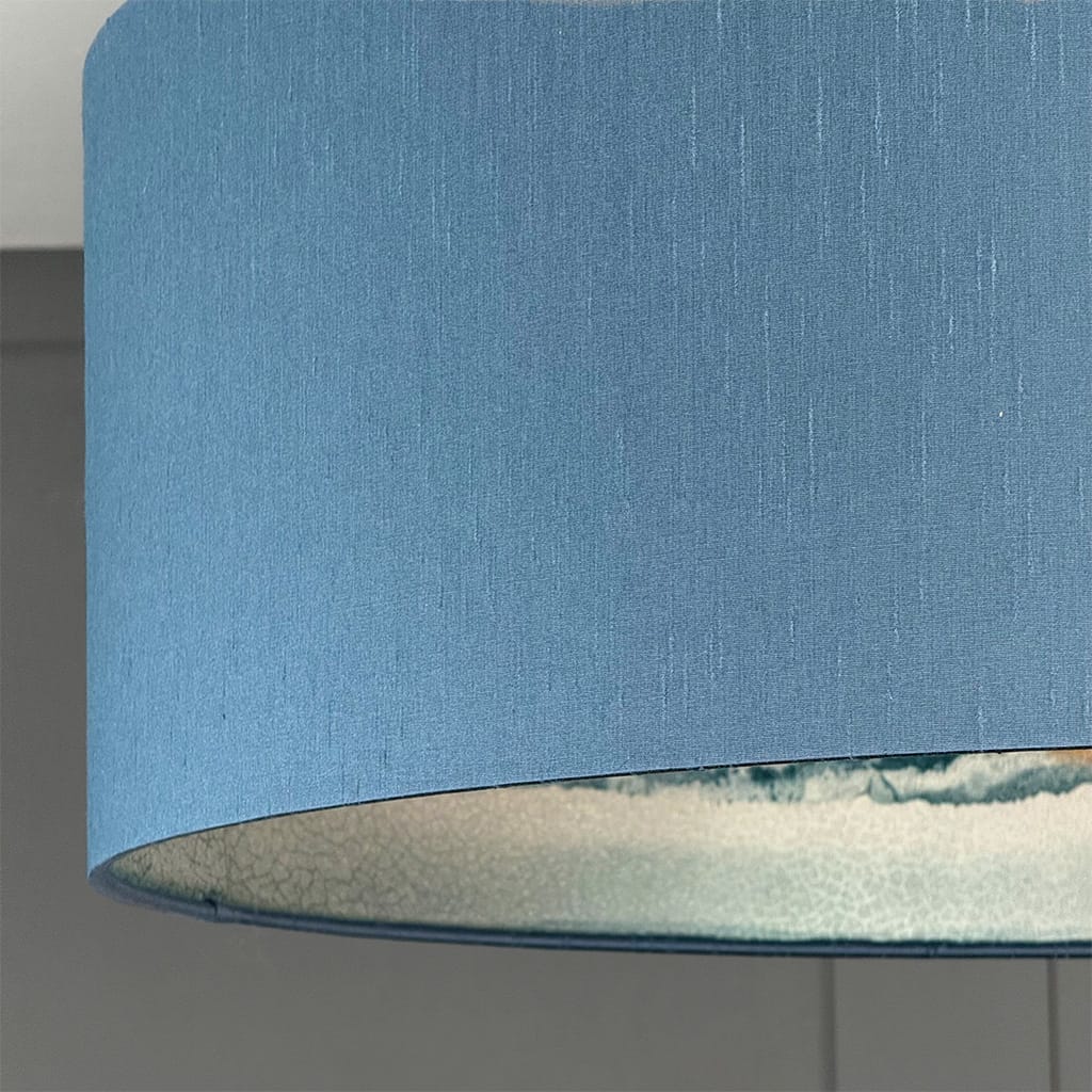 Close-up of a blue lampshade on a gray background