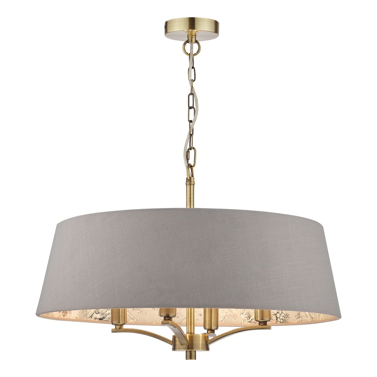 Birch 4 Light Aged Brass Pendant with Taupe Chinoiserie Print Shade