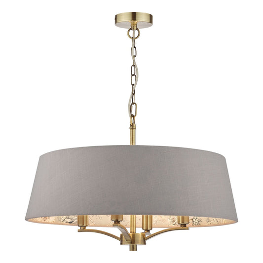 Birch 4 Light Aged Brass Pendant with Taupe Chinoiserie Print Shade