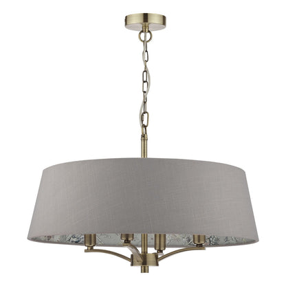 Birch 4 Light Aged Brass Pendant with Taupe Chinoiserie Print Shade