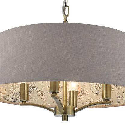 Birch 4 Light Aged Brass Pendant with Taupe Chinoiserie Print Shade