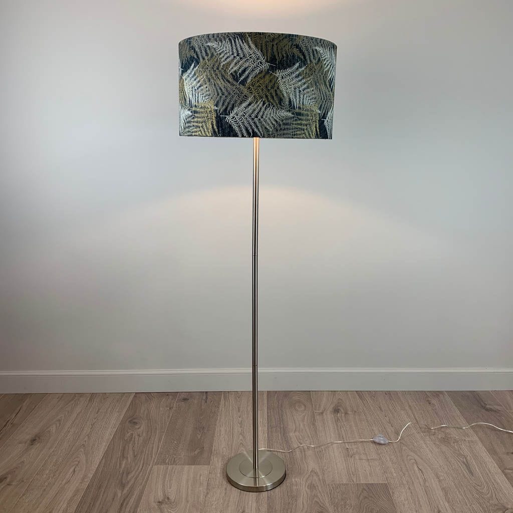 Belford Brushed Steel Floor Lamp with Gold, Cream & Black Fern Lampshade