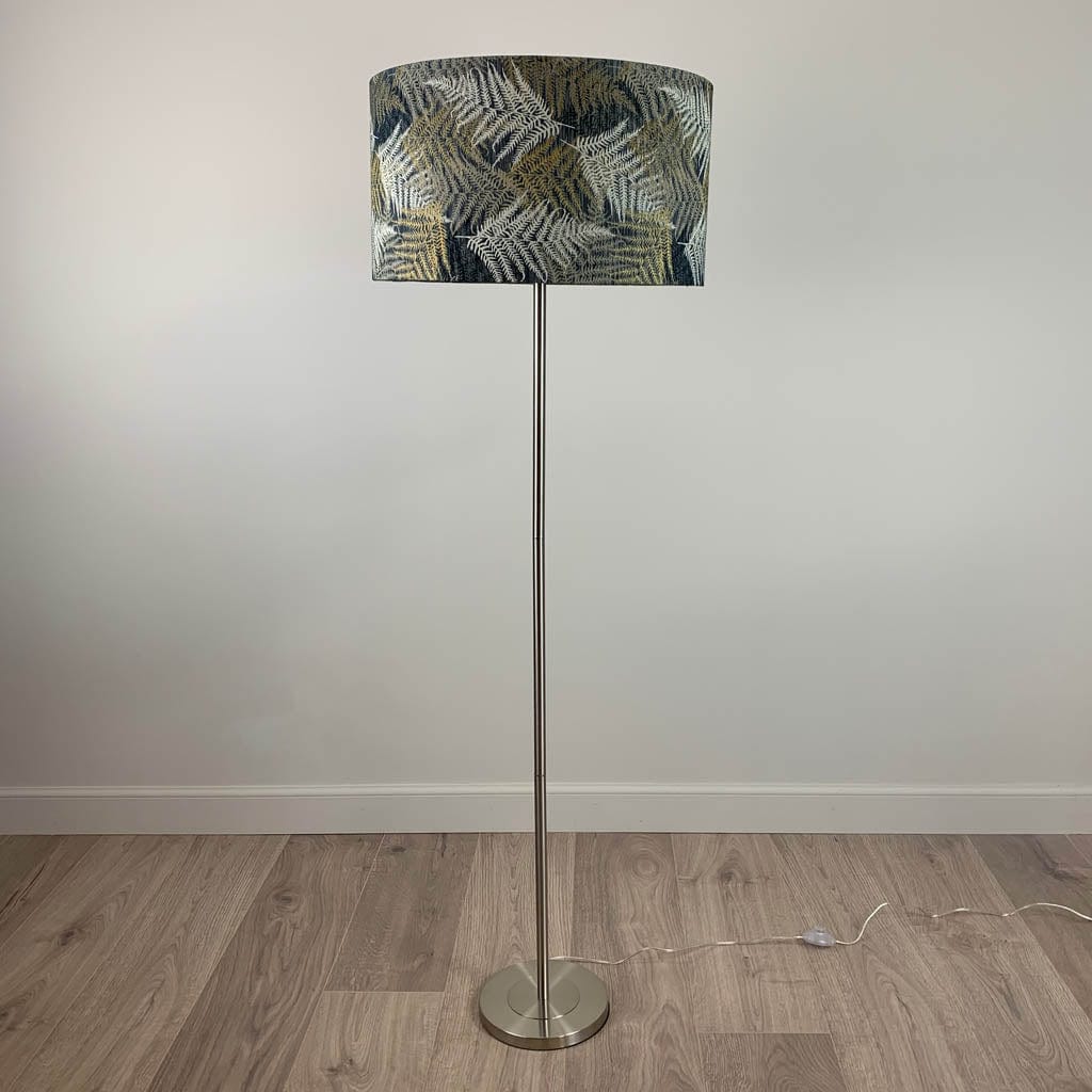 Belford Brushed Steel Floor Lamp with Gold, Cream & Black Fern Lampshade