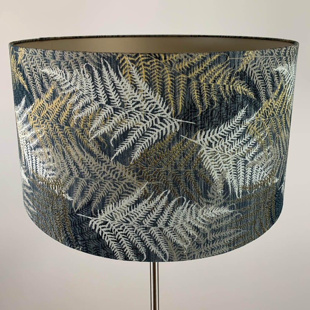 Belford Brushed Steel Floor Lamp with Gold, Cream & Black Fern Lampshade