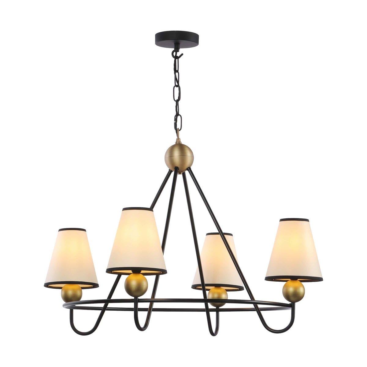 A 5-light chandelier with a black metal frame, warm gold accents, and tapered off-white fabric shades, shown against a plain white background.