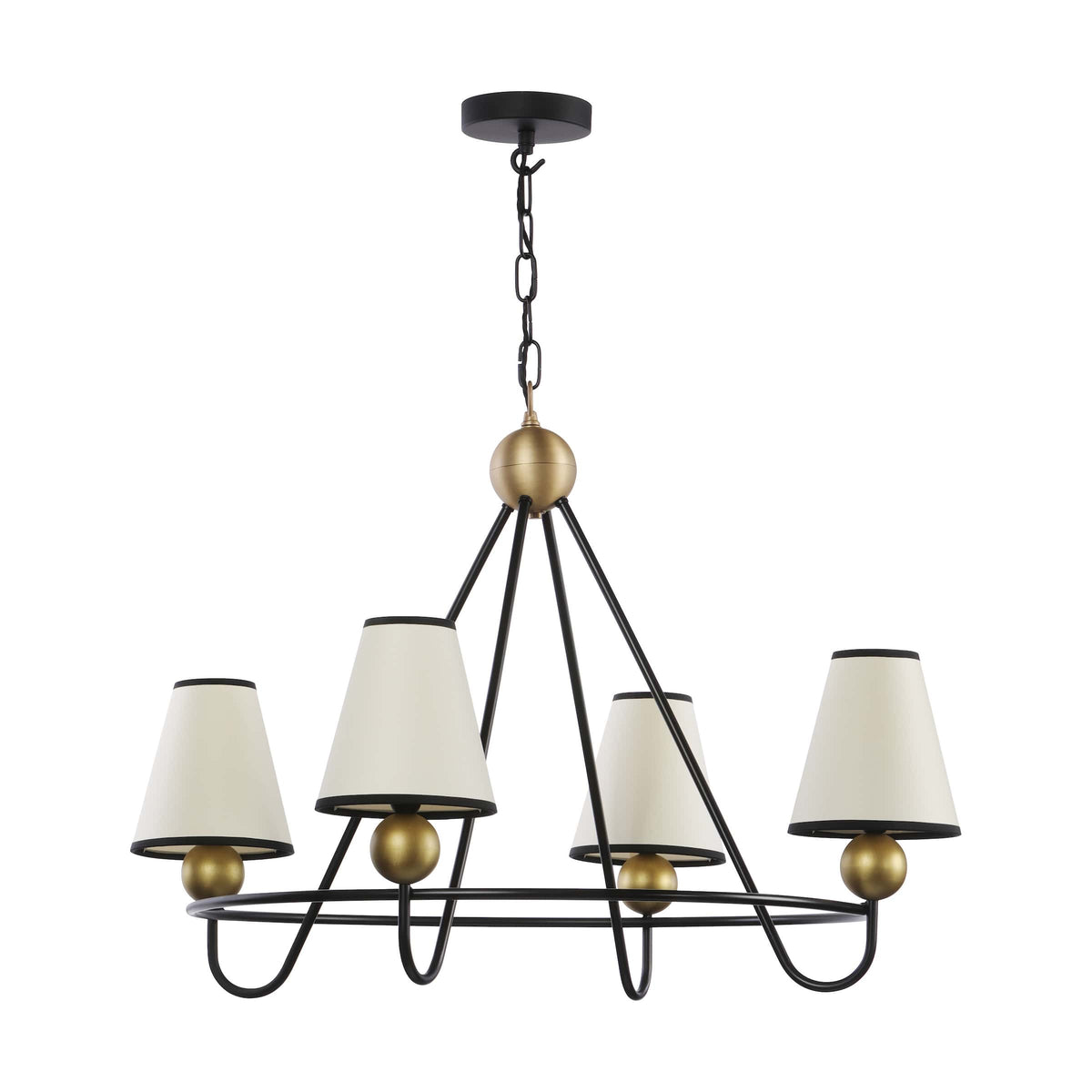 A modern 5-light chandelier with a black metal frame, gold-finished spherical accents, and tapered off-white fabric shades, shown against a plain white background.