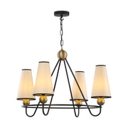 A 5-light chandelier with a black metal frame, warm gold accents, and tapered off-white fabric shades, shown against a plain white background.