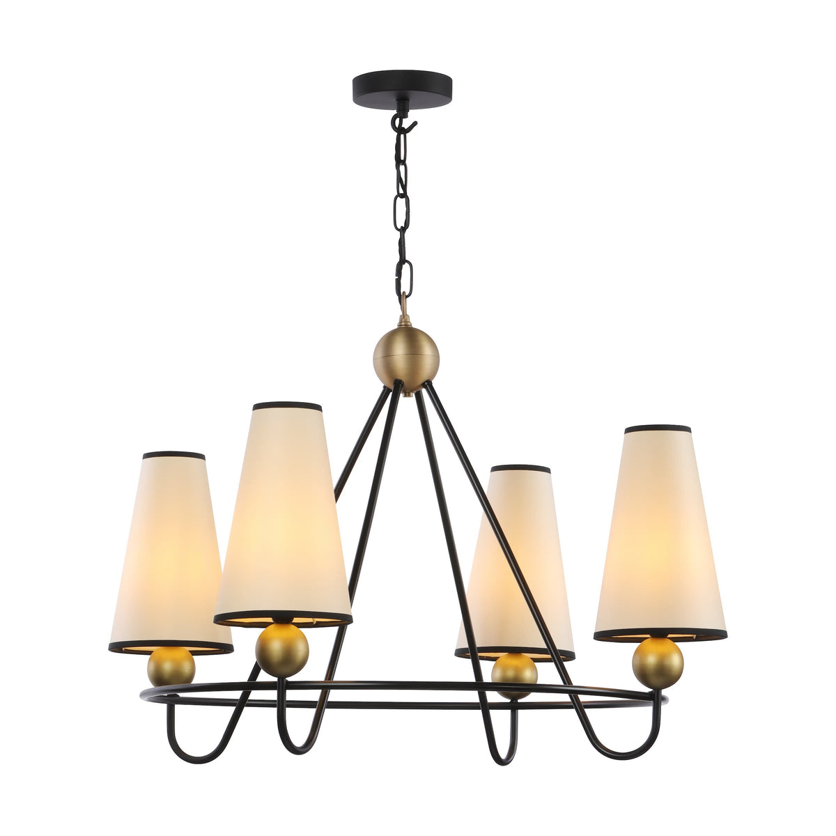 A 5-light chandelier with a black metal frame, warm gold accents, and tapered off-white fabric shades, shown against a plain white background.