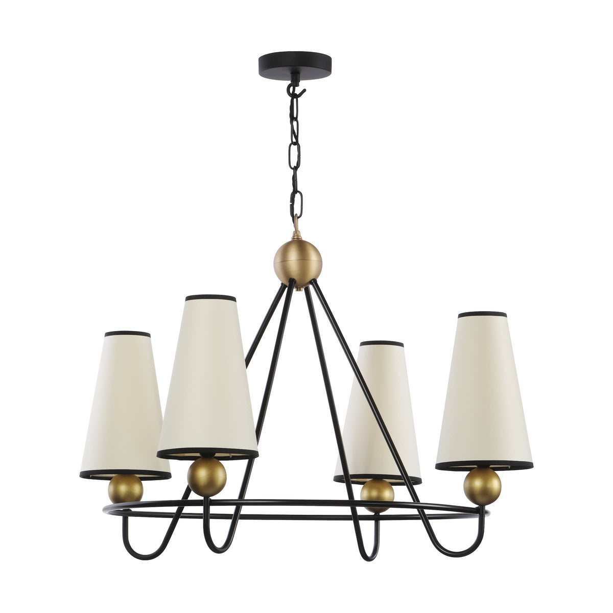 A modern 5-light chandelier with a black metal frame, gold-finished spherical accents, and tapered off-white fabric shades, shown against a plain white background.
