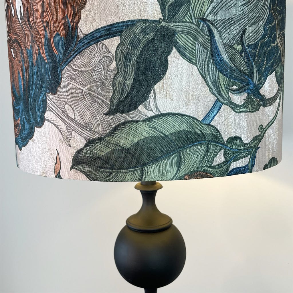 Black Aluminium 2 Ball Tall Foot Table Lamp with Timorous Beasties Epic Botanic Blue Rust Shade