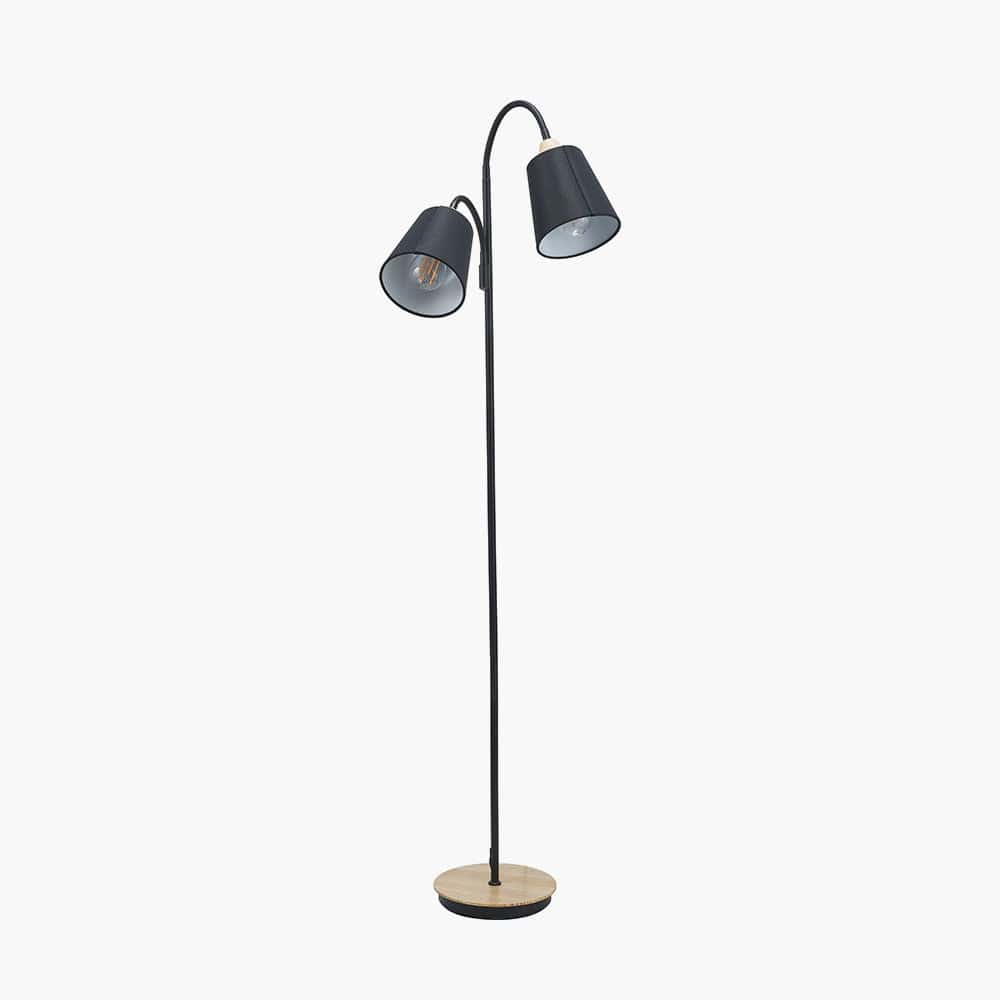Black Metal and Natural Wood Two Head Floor Lamp