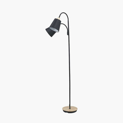 Black Metal and Natural Wood Two Head Floor Lamp