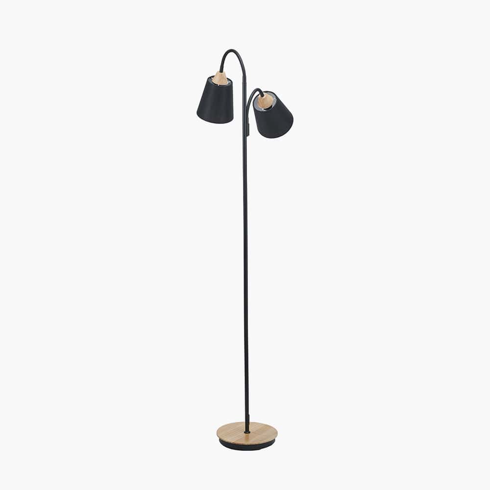 Black Metal and Natural Wood Two Head Floor Lamp