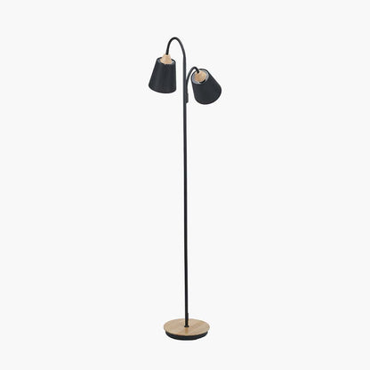 Black Metal and Natural Wood Two Head Floor Lamp