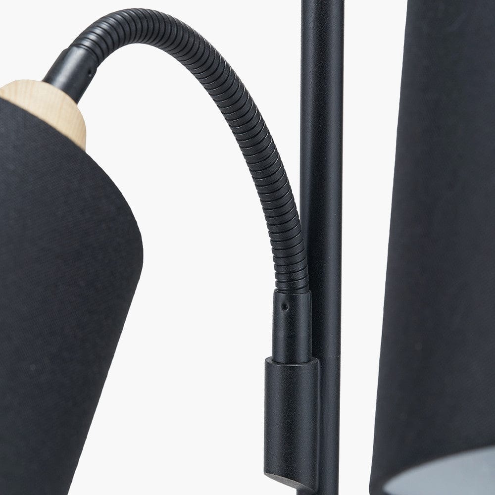 Black Metal and Natural Wood Two Head Floor Lamp