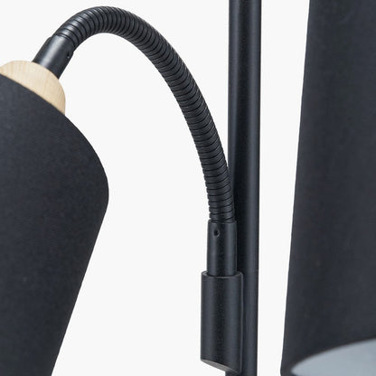 Black Metal and Natural Wood Two Head Floor Lamp