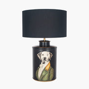 Lamp with black shade and decorative base featuring a dog illustration on a white background