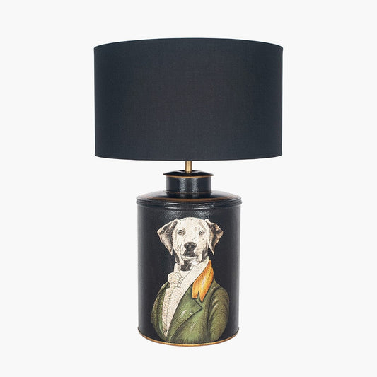 Lamp with black shade and decorative base featuring a dog illustration on a white background
