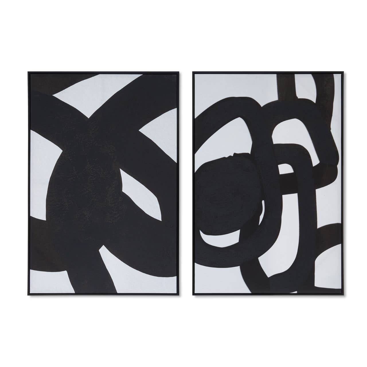 Two abstract black and white artworks on a white background