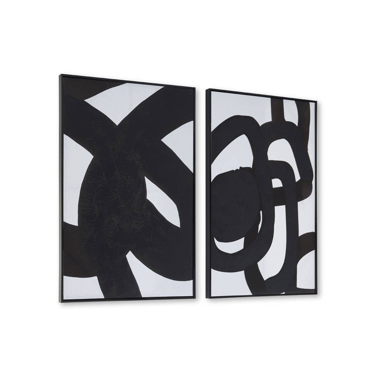 Two abstract black and white wall art pieces on a white background
