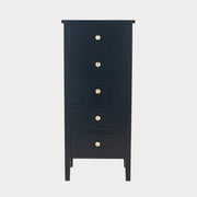 Black dresser with four drawers and brass knobs on a white background