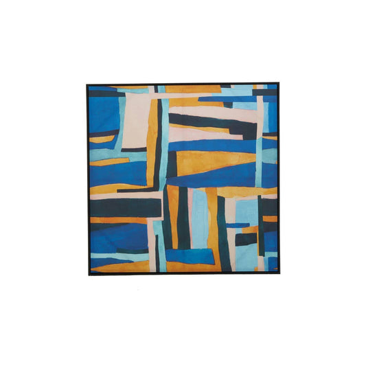 Abstract patterned rug with blue, orange, and beige colors on a white background