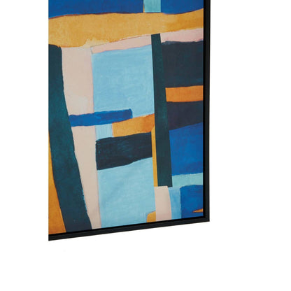 Abstract art piece with geometric shapes in blue, orange, and green on a white background