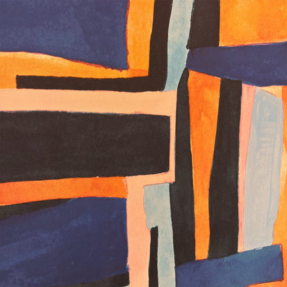 Abstract art with geometric shapes in orange, blue, and black on a textured surface.