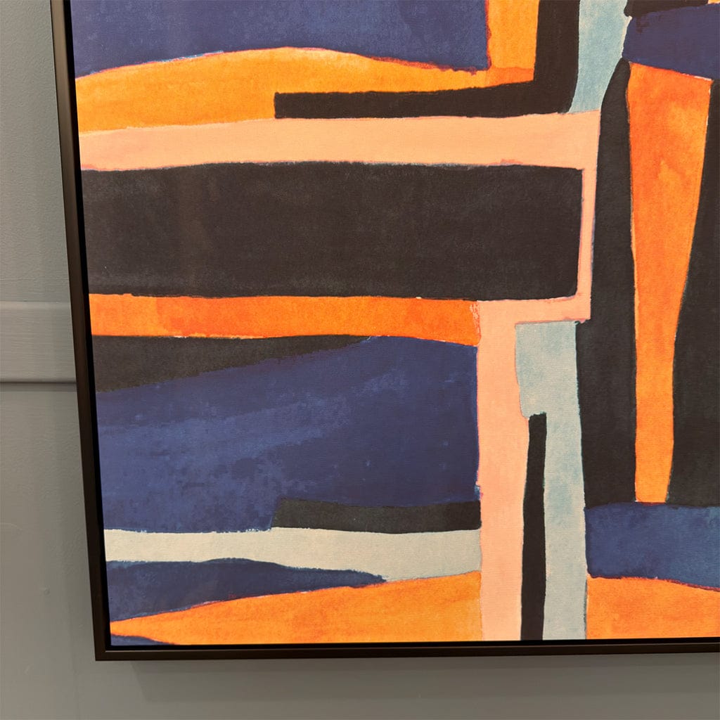 Abstract art piece with geometric shapes in orange, blue, and black on a gray background