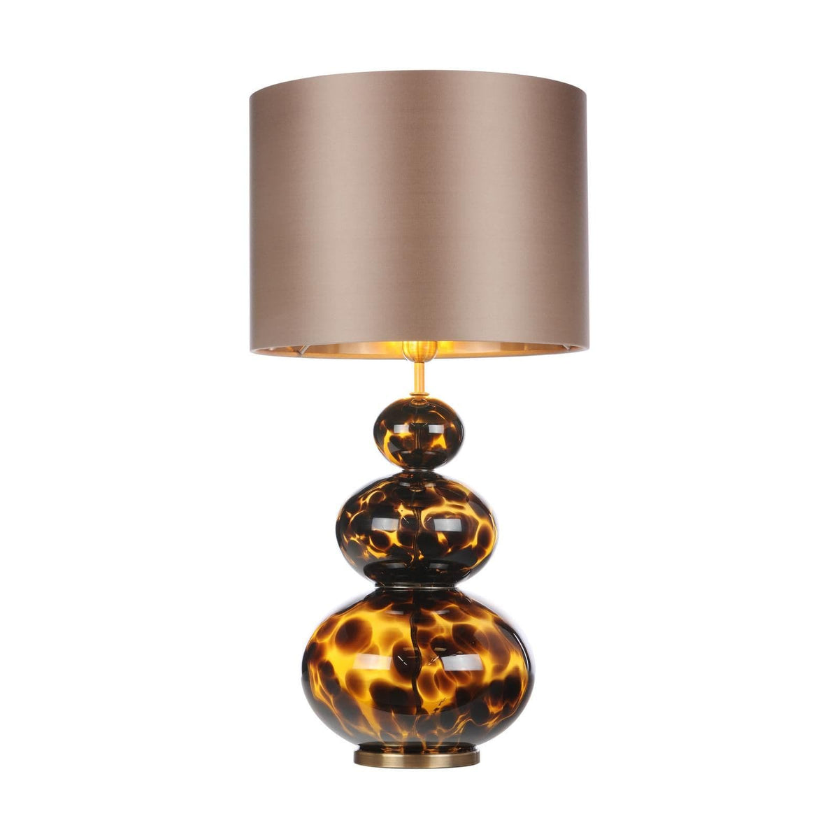 A table lamp with a tiered, gourd-shaped glass base in a glossy tortoiseshell pattern, topped with a matte taupe-brown drum shade and a gold-toned neck.