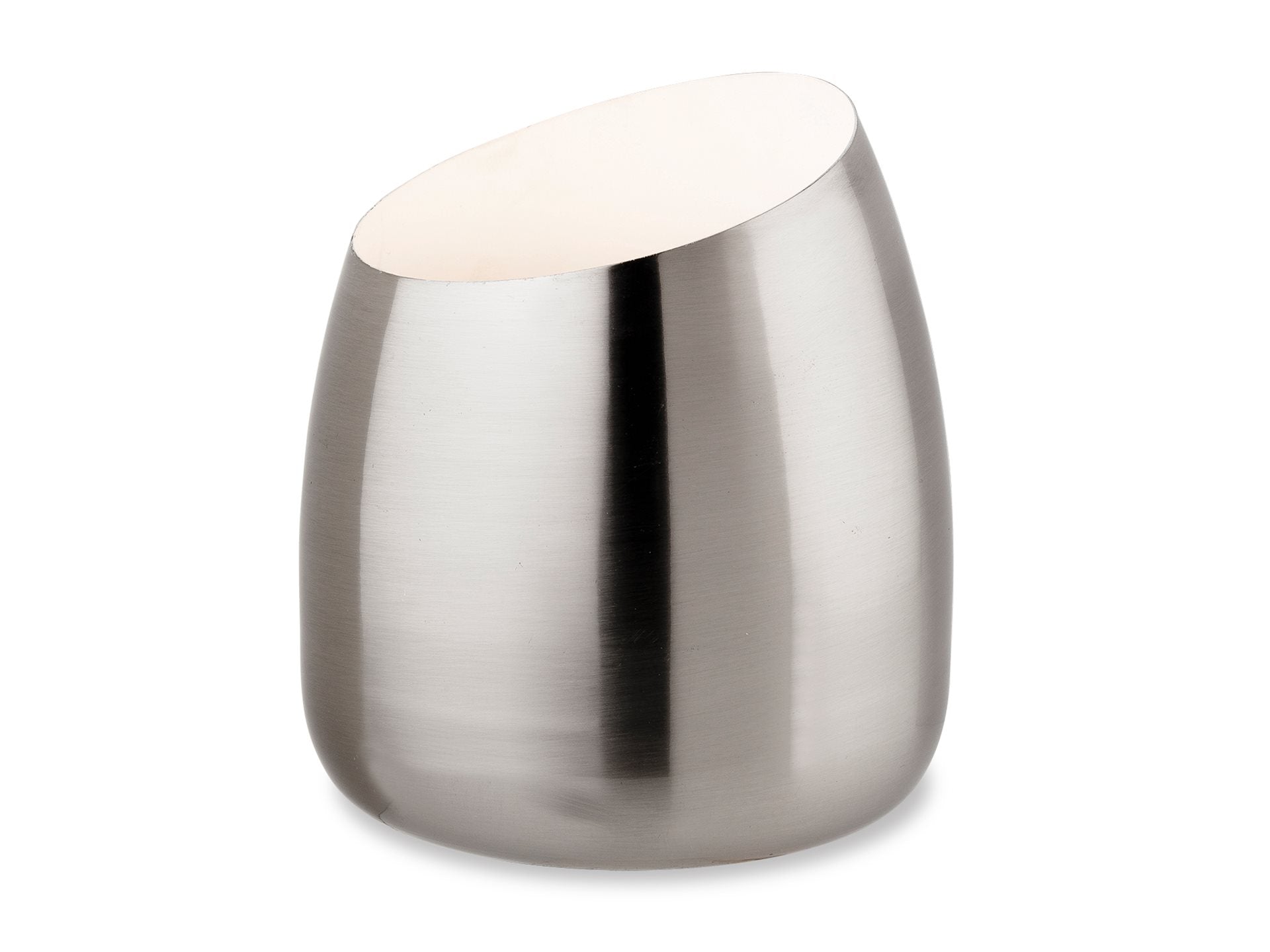 Metallic cylindrical uplighter with a reflective surface on a white background
