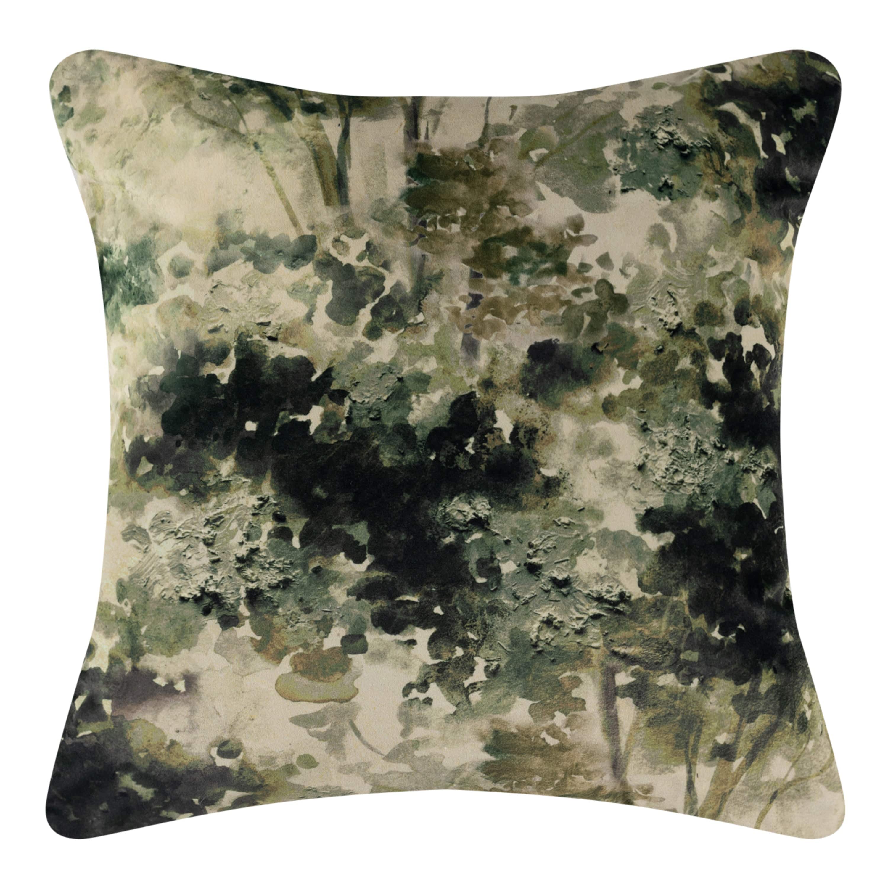 Decorative pillow with a watercolor design in green and black on a white background