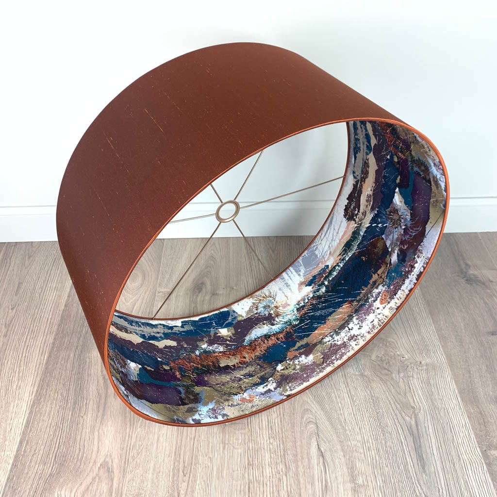 Burnt Orange Silk Pendant Shade with Mairi Helena Mirrored Storm Linen Lining